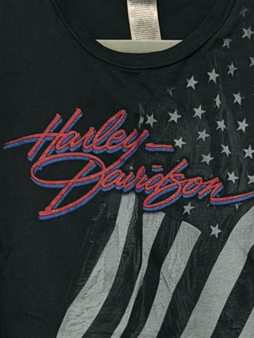 Women's Black Harley Davidson Muscle Tee Featuring a Stylized American Flag - Picture 3 of 4